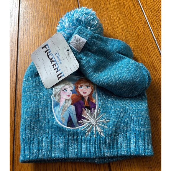 Disney Frozen II Kids Winter Hat & Mittens Set Elsa & Anna Design Teal Ages 4-7 - Picture 1 of 5